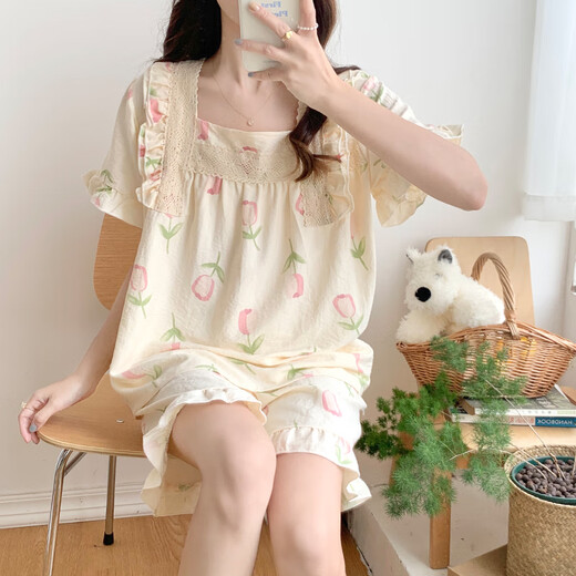 费迈博少女生睡衣女士夏季薄款大码公主风短袖短裤可爱春夏天家居服套装 693粉色 M  (建议体重80-100斤)