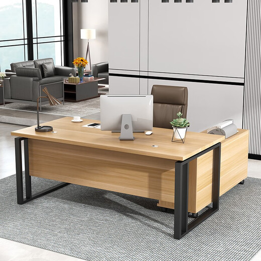Yishangge Office Manager Desk Boss Desk Single Manager Computer Desk and Chair Combination Office Executive Desk Desk Office Furniture Black Legs + Oak Color After-Sales Guarantee 180*80 Single Table + Side Cabinet + Chair