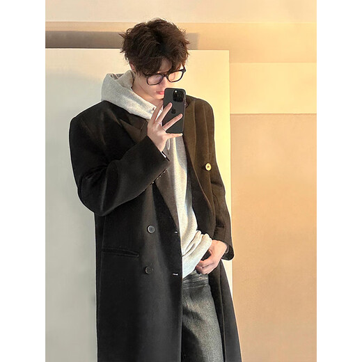 Yi Sichen cleanfit shoulder pad woolen coat men's autumn and winter mid-length Korean style double-breasted windbreaker woolen coat black XL 135-150Jin Jin equals 0.5 kg