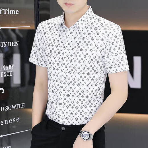 以堡狼高端夏季男衬衫短袖弹力冰丝数码印花薄款休闲男士衬衣修身 7029白色 L 【推荐110-125斤】