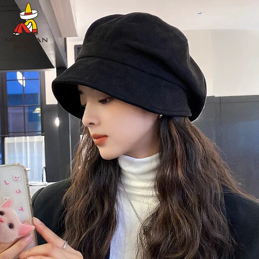 Scarecrow Hat Women's New Versatile Suede Beret Japanese Style Big Face Suitable for Big Head Circumference Showing Face Small Octagonal Hat Western Style Black One Size