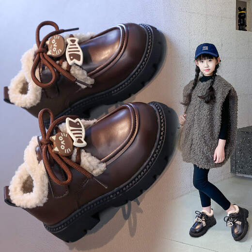 Girls cotton shoes winter new little girl plus velvet leather shoes for big children baby two cotton princess loafers children's shoes X557 brown 34 / inner length about 20.8 cm