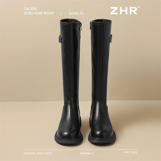 ZHR long boots for women, fashionable pleated knight boots, women's winter velvet tall thick-soled women's boots BL323A black 37