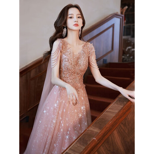 Remtin evening dress 2024 new light luxury niche high-end heavy industry banquet temperament celebrity fairy sense host female picture color 3XL