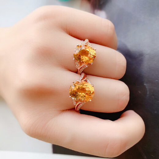 Yan's sterling silver inlaid natural citrine ring for women with adjustable buckle, fashionable, sweet, Japanese and Korean yellow gemstones with certificate 6 8 (rose gold)