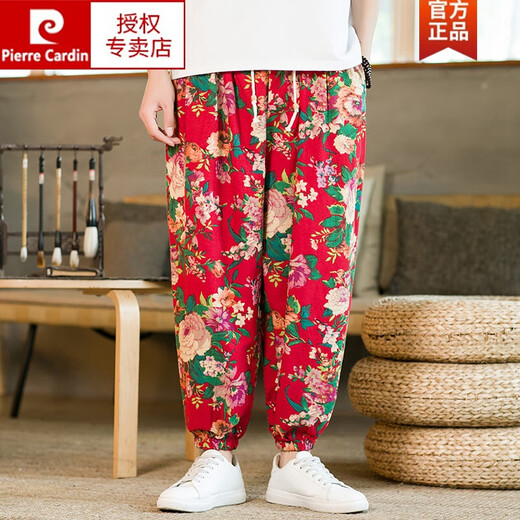 Pierre Cardin Chinesischer Stil gedruckter Sommer -Leinenhose Herren Baumwollwäsche Hose Los großer Laterne Harem Hosen Herren Grün 2xl