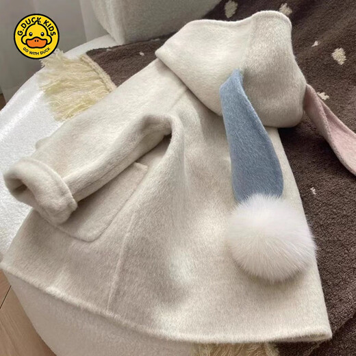 
G.DUCKKIDS Girl Thickened Warm Woolen Jacket Baby Winter Korean Style Fashionable and Cute Two-Color Rabbit Ear Hooded Woolen Coat Bei White 100