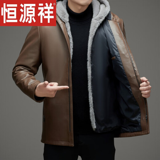 恒源祥海宁真皮衣男进口水貂内胆整貂皮毛一体派克服皮草大衣中长款外套 棕色 54