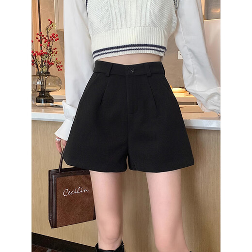 Hao'e Woolen Shorts for Women Spring and Autumn New Style Wide Leg Pants for Slimming Versatile Bottoming Pants for Small People with Boots Black Woolen L Recommended 110-125Jin Jin is equal to 0.5kg