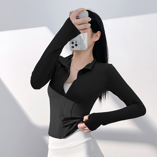 Ershanji Sports Jacket Women's Long Sleeve Tights Slim Running Fitness Yoga Wear Pilates Training Top Slim Yoga Wear Jacket Star Black M (90-110Jin Jin is equal to 0.5kg)