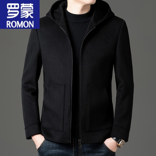 罗蒙（ROMON）秋冬季羊毛大衣男短款连帽中年双面呢高端羊毛绒毛呢外套夹克 黑色 175/L
