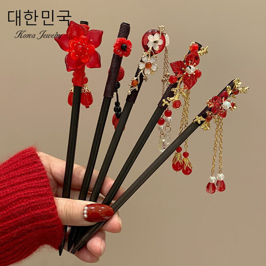 Qianla Children's Ancient Style Chinese-style Wooden Hairpin Girls' Walking Tassel Pendant Hair Accessories Red New Year's Eve Hair Accessories Liu Hanyan A22-308