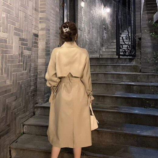 AEMAPE autumn new high-end mid-length khaki windbreaker coat for women small British style drape casual coat khaki S -95-110Jin Jin is equal to 0.5 kg.
