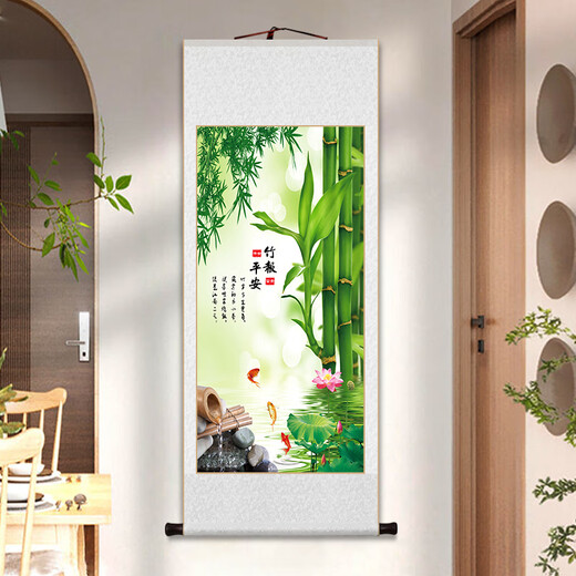 Ziwu Qian green bamboo hanging paintings bamboo report safety vertical scroll paintings new Chinese style living room study tea room entrance decoration painting green bamboo picture 10972 bamboo report safety overall size 96*218CM