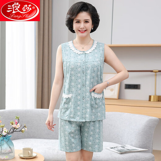 Langsha (Langsha) Pajama pour femmes d'âge moyen et âgé de l'âge moyen, cardigan de cou rond d'été, short de gilet sans manches minces, de grande taille de glace à la maison Luxe léger 9720 m: 80-101jin [Jin est égal à 0,5 kg]