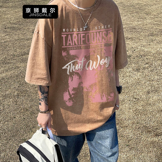 Jingshi Dell Camiseta de manga corta Summer's Summer Hum-Hohen Street Hip-Hop Hip-Hop Lavado de camiseta de media manga de mano a gran tamaño T727 L