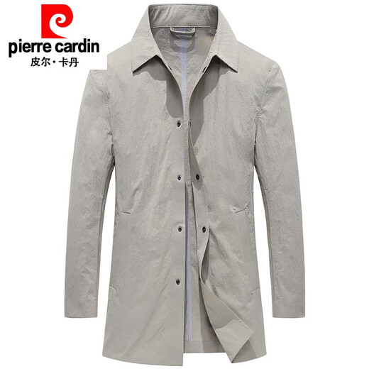 皮尔卡丹（pierre cardin）男装轻薄风衣男中长休闲上衣春秋新款浅色翻领商务修身外套 米灰色 M 170