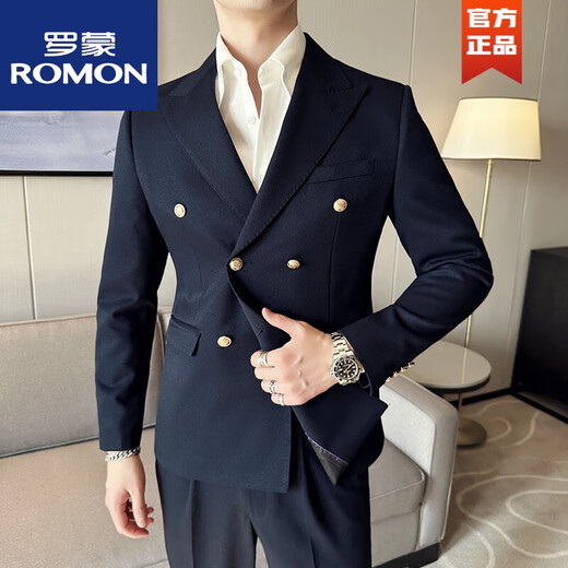 ROMON British suit double-breasted business suit men's Korean version slim solid color casual metal buckle suit spring and autumn black single suit L