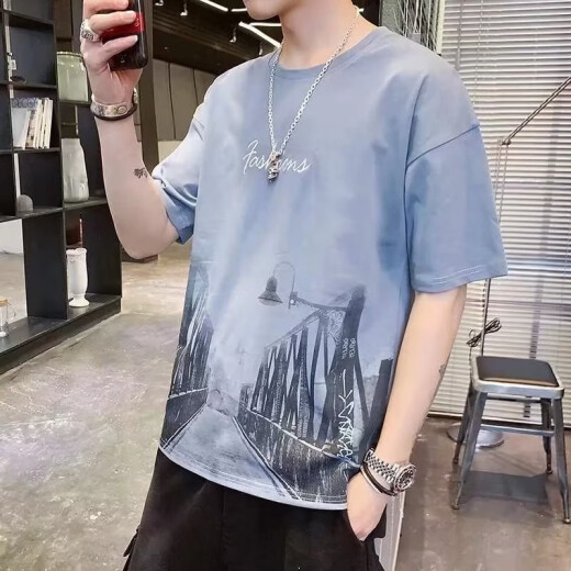 牧臧霸短袖t恤男士夏季薄款ins印花半袖圆领体恤衫男装修身半截袖上衣 829灰色 L (100-120)斤