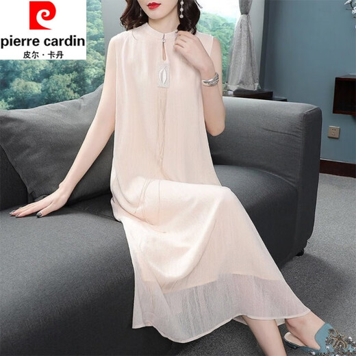 Pierre Cardin improved silk cheongsam for women summer new style fashionable Hanfu long skirt Chinese style retro mulberry silk dress apricot suit 2XL recommended 130-145Jin Jin equals 0.5 kg