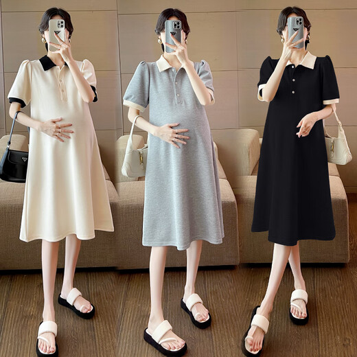 PREGNAND MUTTERITY KEID KEIS SUMMER 2025 Trendy Mutter Mutterschaftskleid Sommer Lapel T-Shirt Mode und locker großer Rockgrau XL (Empfohlen 125-145jin [Jin gleich 0,5 kg])