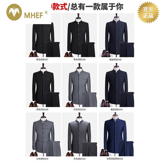 Mhef NUEVO Spring y Autumn Zhongshan Suit Men's Chinese Stand-Up Tuit Banquet Slim China Vestido de novia chino Tibetan Blue 698 Mingbu Set 170/106