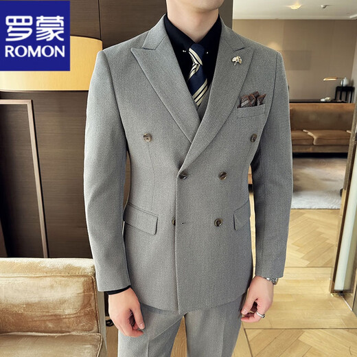 ROMON diagonal striped suit suit men's British business formal double-breasted groom's wedding thickened dress suit three-piece black (suit + pants + vest) XL 52 Reference 125-135Jin Jin is equal to about 0.5 kg