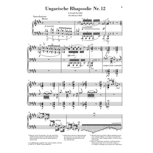 亨乐原版 李斯特第十二匈牙利狂想曲 钢琴独奏带指法 Liszt Hungarian Rhapsody no. 12 HN806