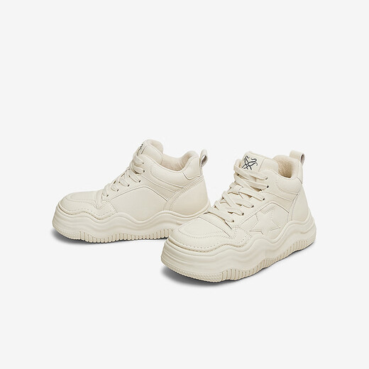 Best 2025 spring new fashionable sports high-top shoes plus fleece warm women's casual shoes X1591AD5 beige 40