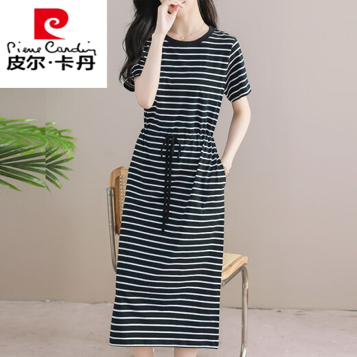Robe à rayures en coton pur de Pier Cardin pour les femmes pour les t-shirts d'été pour les femmes sur les genoux et le tempérament de marge de taille pour les rendre minces et grandes jupes longues décontractées à la mode. 6627 modèles avec des poches xl 120-130jin [Jin est égal à 0,5 kg]