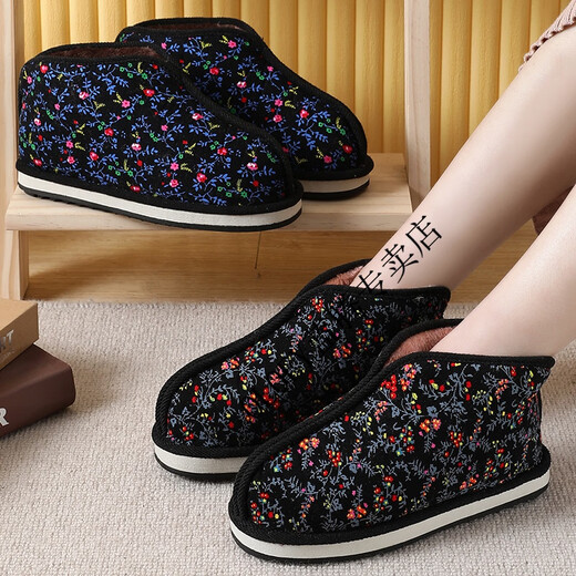 Old-fashioned two-piece clamshell cotton shoes for men and women in winter with velvet and thickened non-slip rubber soles for middle-aged and elderly people to keep warm at home. 22 models of clamshell cotton shoes, black, about one size too small, size 38, suitable for feet usually 36-37 years old