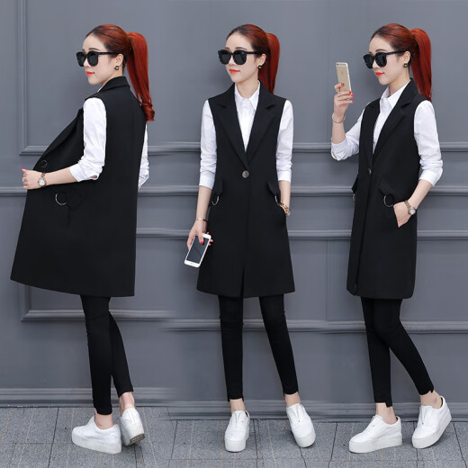 XFHSP Suit Vest Women's Medium Long Large Size Fat MM New Fashion Vest Slim Korean Style Waistcoat Vest Slim Jacket [Black] XL