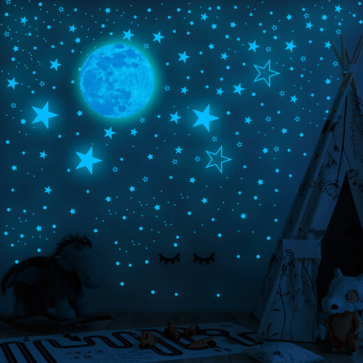 Shantoulin Village 30 m leuchtend mond leuchtende Sterne kreative fluoreszierende Wandaufkleber Kinderzimmerdekoration Cartoon Streifer Himmel Aufkleber von (blaues Licht) 1 Mond + 1049 Stern Punkte