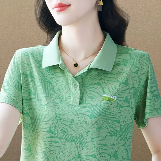 Shengyu ice silk lapel short-sleeved T-shirt for women in summer 2024 new trendy mother POLO shirt leads sports and casual top for women, leather powder XL (recommended 110-119Jin [Jin equals 0.5 kg])