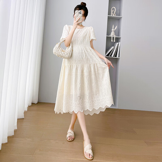 Nanding Yagre Maternity Robe Summer Nouveau Robe de maternité brodée Original Coton pur Hot Mom Jupe de maternité moyenne Longueur Abricot Couleur L 110-125Jin [Jin est égal à 0,5 kg]