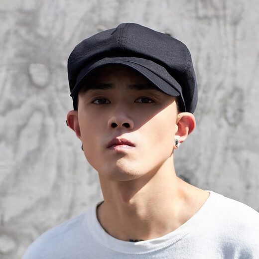 7PM newspaper bee hat men's casual trendy beret men's literary octagonal hat big head circumference four seasons versatile retro painter hat black L-59cm-large size big head circumference