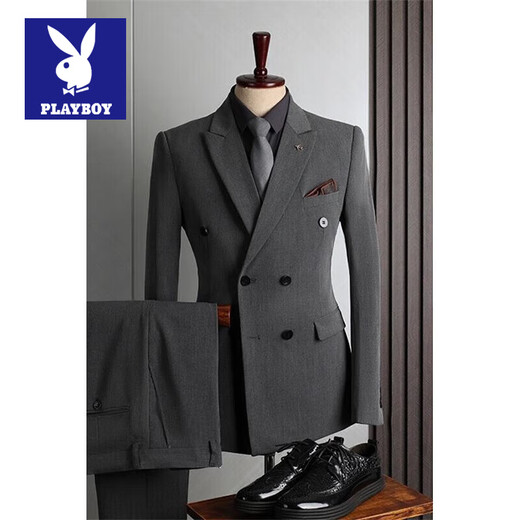 Playboy suit men's British style double-breasted business casual suit three-piece suit groom wedding dress small suit men black three-piece suit (suit + vest + pants) 62/6XL size free brooch + pocket square