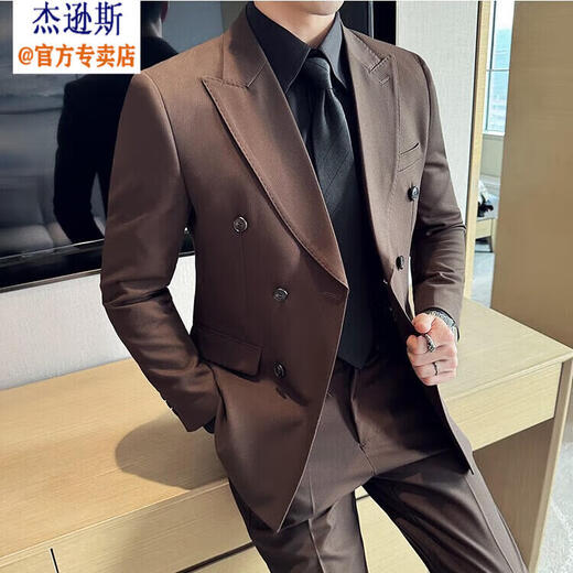 Jason's Double Breasted Suit Men's Suit High-end Banquet Business Professional Formal Wear British Style Handsome Slim Suit Jacket Brown (Single Suit) M (100-120Jin Jin is equal to 0.5kg)