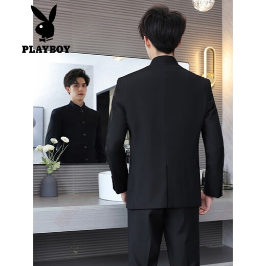 Playboy (PLAYBOY) new Chinese style men's suit men's spring and autumn stand-up collar shoulder pad coat Chinese tunic suit Tang suit casual suit black XL 120-140Jin Jin equals 0.5 kg
