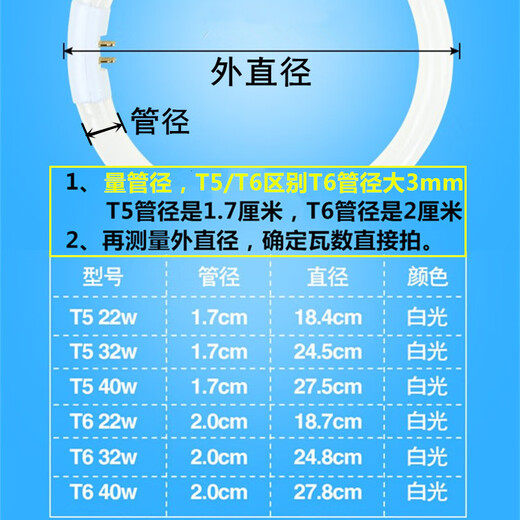T6t5 ring lamp ceiling fluorescent lamp round four-pin three-color ring energy-saving ballast 22w32w40w T5 white light 32W lamp + ballast package 31-40W
