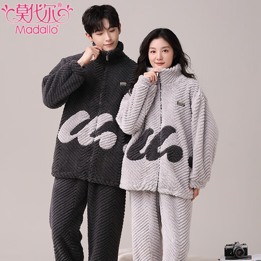 Modal autumn and winter coral velvet couple pajamas for women Korean style cute zipper cardigan home clothes men's simple casual suit CY9903 women M women
