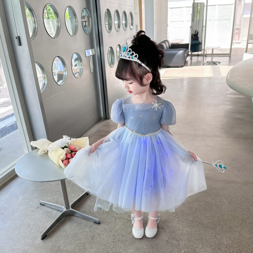 G.duck Little Yellow Duck Girls Short Sleeve Dress Elsa Princess Mesh Children's Summer Skirt Girls Festival Performance Dress Elsa Suit Skirt Spring and Autumn Style + Magic Wand Crown 110 Size 4~5 years old 100-110cm