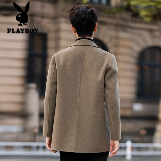 花花公子（PLAYBOY）双面羊毛呢大衣男士中长款韩版羊毛呢子外套冬厚西装高端 灰绿色 S