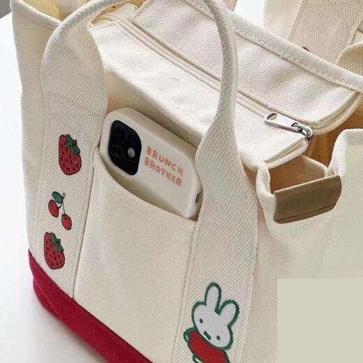 Xingxi's new cartoon cute thickened canvas handbag portable shoulder bag for mom to carry when going out, handbag small bag red and white strawberry bunny 22*17.5*21cm