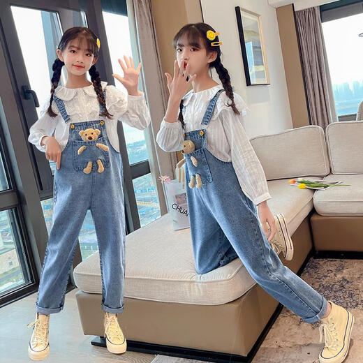 
Disney (Disney) Girls Spring and Autumn Style Bear Denim Overalls Internet Celebrity Fashion Medium and Large Children's Autumn Clothing Casual Sling Children's Pants Trendy Blue [Single Pants] Size 120 Recommended Height 110-120cm
