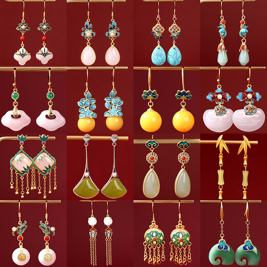 Tongrubi Chinese retro style Hetian jade earrings earrings enamel painted Chinese earrings cheongsam tassels golden CP695-Bird-Bird Earrings