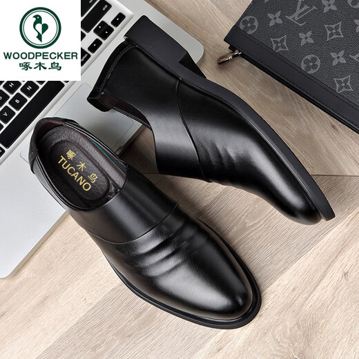 Woodpecker brand men's shoes genuine leather business formal leather shoes men's Korean version of height-enhancing shoes plus fin cotton shoes men's British shoes wedding shoes trend 6189 black style 44