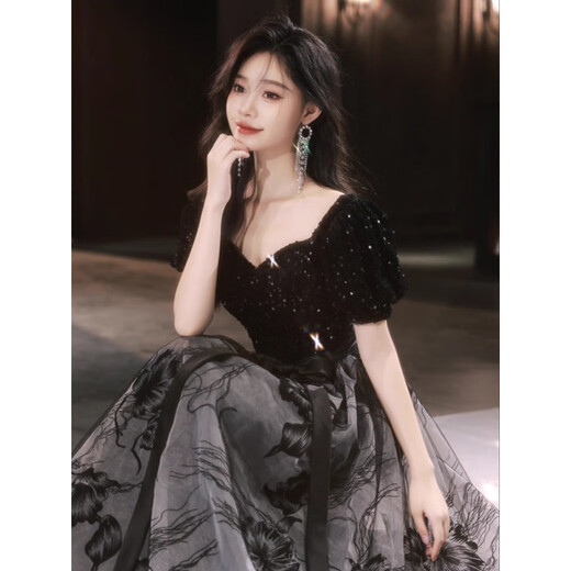 Lingkaqi Black Sequin Robe de soirée haut de gamme pour les femmes Luxury Luxury Niche Chinese Style Anniversaire Host Performance Long Jirt Picture principale L