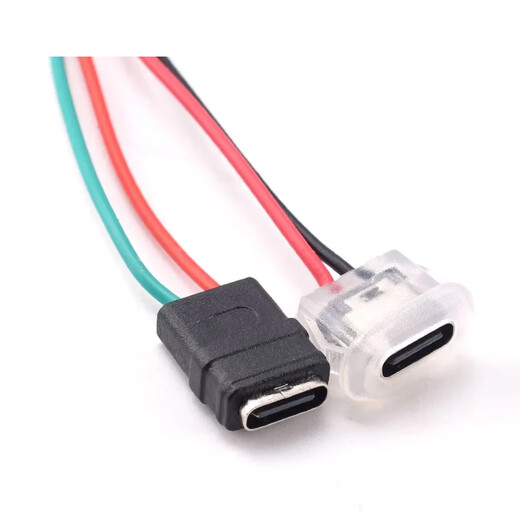 Type-c waterproof female base with wire DIY repair data charging port test C soldering wire glue injection double-layer USB socket TYPE-C 2P transparent green light glue injection buckle wire length 10cm