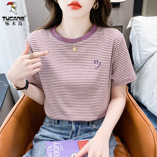 Camiseta de manga corta a rayas de carpintero para mujeres 2025 Summer Nueva camiseta de base delgada versátil Camiseta sonriente Top bordado Ins Red 9928 L Sugerir 105-120Jin [Jin equivale a 0,5 kg]